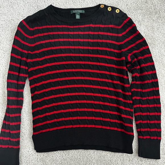 Lauren Ralph Lauren Women’s Sweater Black & Red Stripes w/ Gold Buttons, Size L - Picture 1 of 4